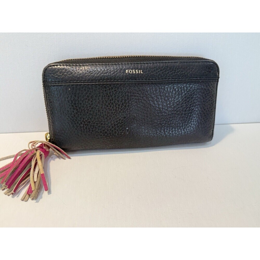 Fossil Tara Black Pebbled Genuine Leather Zip-Around Wallet Tassel Zip Up Clutch